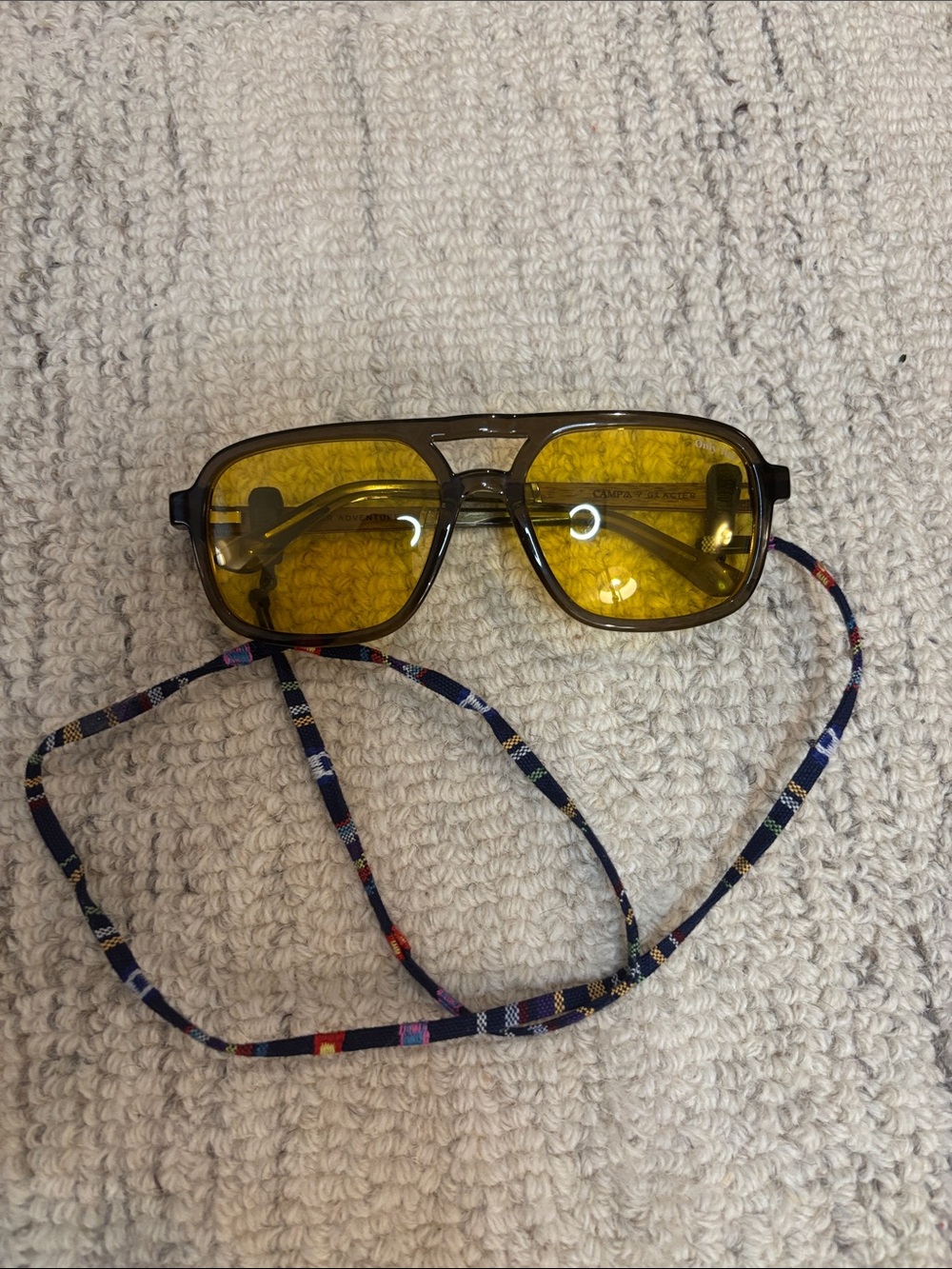 Yellow Lens Women's Sunglasses with Navy Patterned Strap